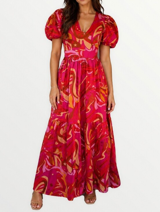 Anthropologie Dresses & Skirts - Anthropologie 1.State pink printed puff sleeve Maxi dress v-neck Smocked cut-out